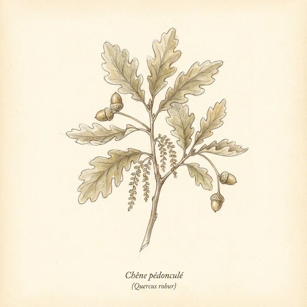 Rameau de chêne pédonculé avec feuilles et glands, à colorier